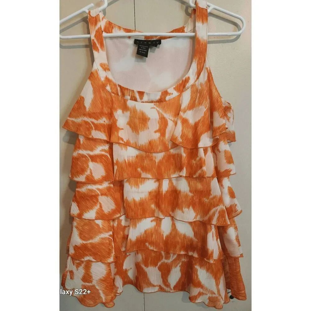 F21 Ninety ruffly orange and white floral blouse sleeveless tank w/straps